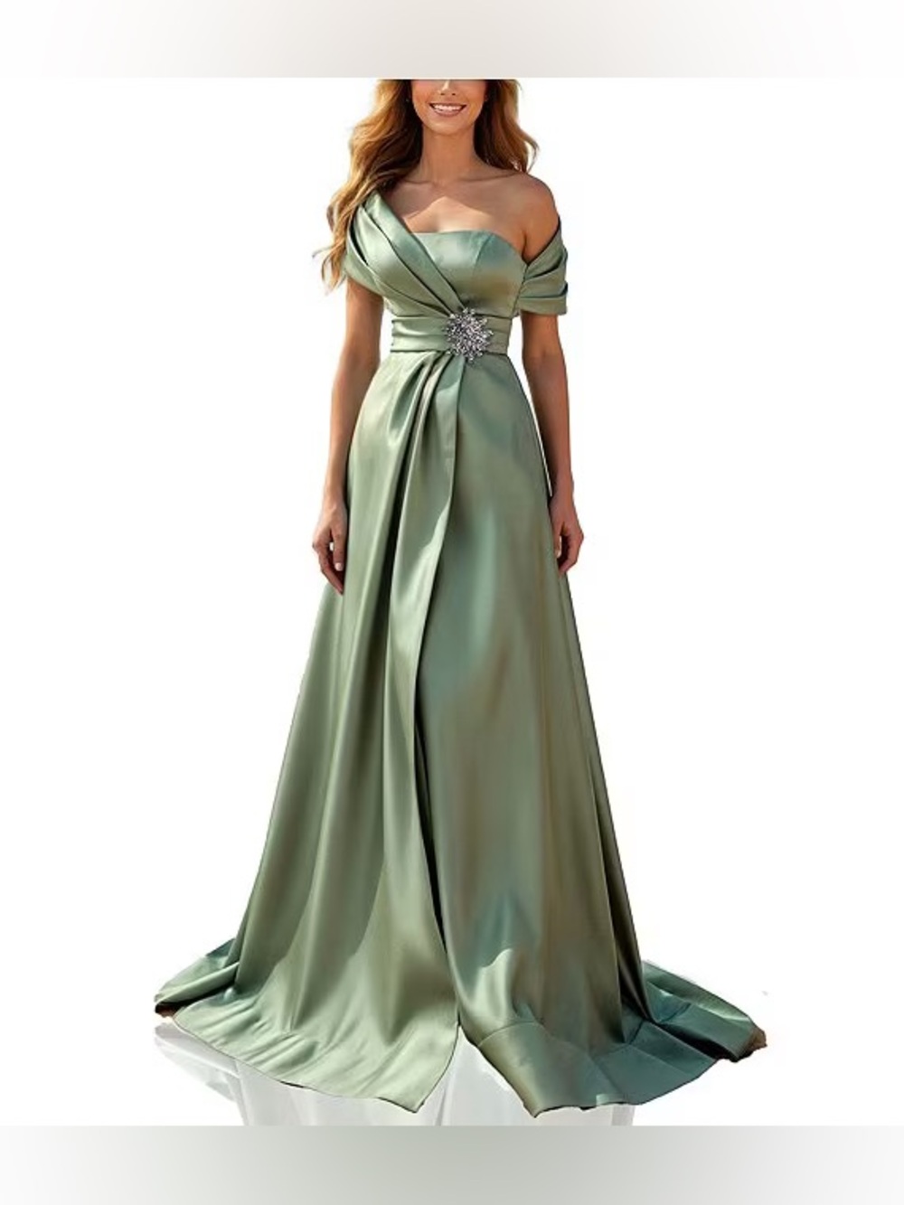 Terani Couture Sage Green One-Shoulder Satin Evening Gown